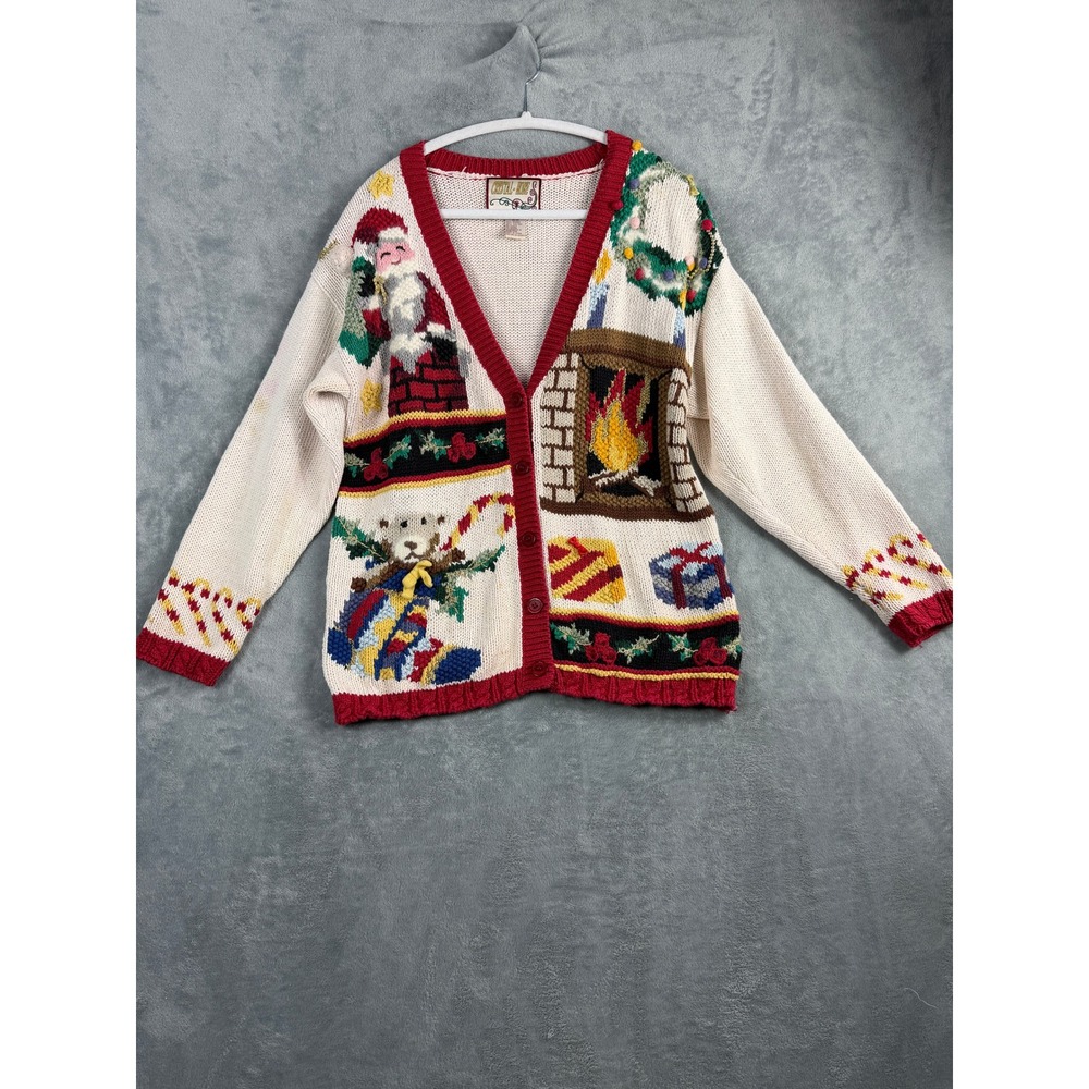 Crystal Kobe Womens XL White Christmas Cardigan Santa Fireplace Vintage Y2K Boho